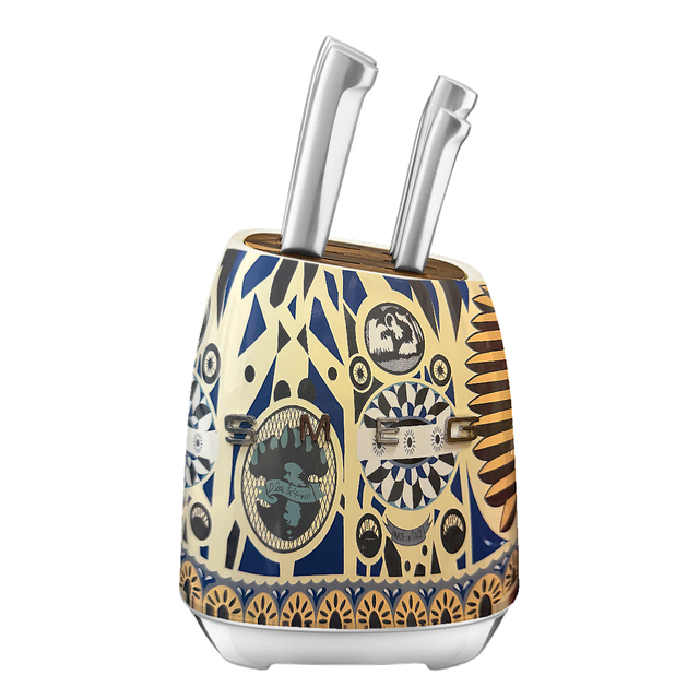 SMEG Dolce&Gabbana, кремовий із синьо-чорним орнаментом — набір із 6 кухонних ножів та підставки