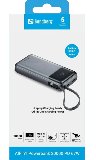 Зовнішній акумулятор Sandberg 20000 мА·год, 67 Вт із вбудованим кабелем USB Type-C (421-29)