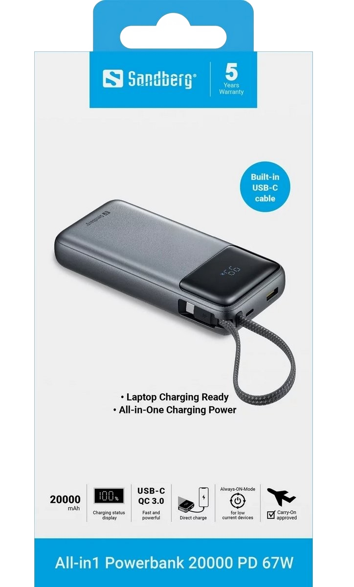 Зовнішній акумулятор Sandberg 20000 мА·год, 67 Вт із вбудованим кабелем USB Type-C (421-29)